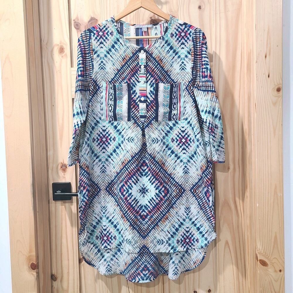 Valerie Stevens Crepe Shift Tunic Dress Blue Colorful Aztec Southwestern Size XL